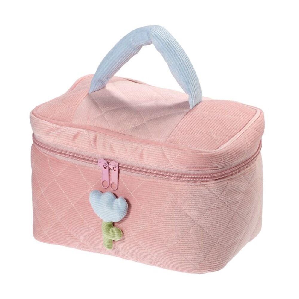 Corduroy Large Travel Quilted Toiletry Cute Tulip Flower Makeup Bag Pink